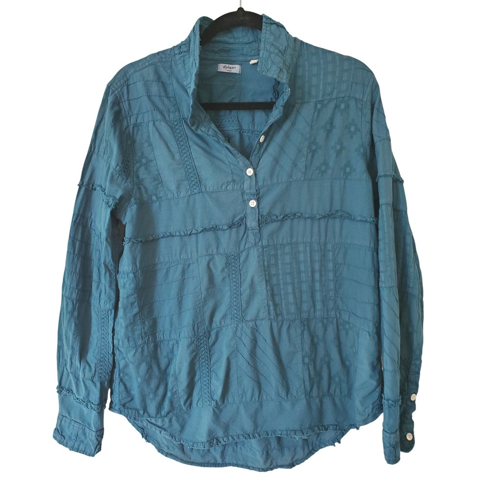 Dylan by True Grit Teal Blue‎ Patchwork Embroidered Cotton Boho Blouse Womens S